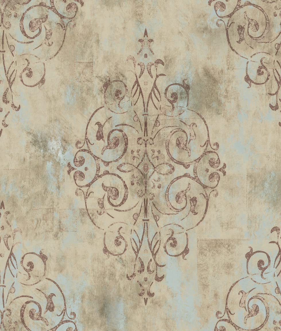 HAOKHOME 94005-3 Vintage French Damask Peel and Stick Wallpaper 17.7in x 9.8ft Deep Yellow/Mist Blue/Brown Vinyl Self Adhesive Wall Paper Design for Walls Bathroom Bedroom Home Decor