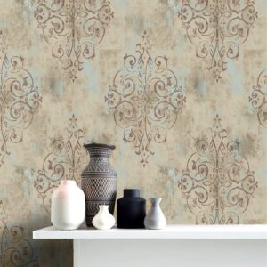 HAOKHOME 94005-3 Vintage French Damask Peel and Stick Wallpaper 17.7in x 9.8ft Deep Yellow/Mist Blue/Brown Vinyl Self Adhesive Wall Paper Design for Walls Bathroom Bedroom Home Decor