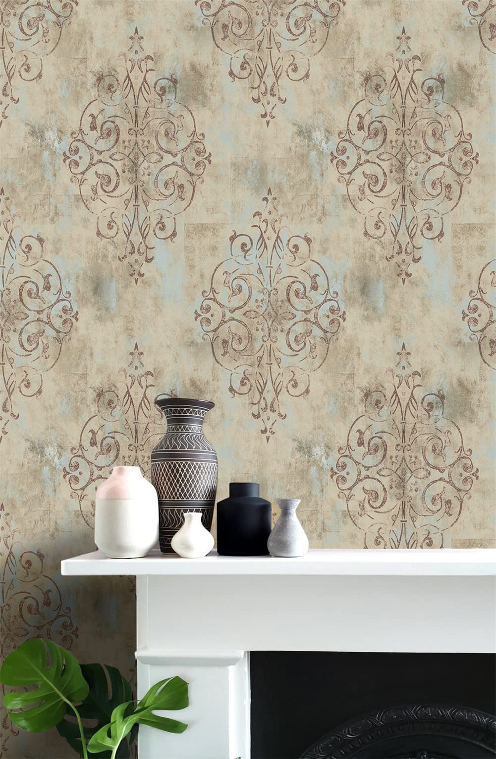 HAOKHOME 94005-3 Vintage French Damask Peel and Stick Wallpaper 17.7in x 9.8ft Deep Yellow/Mist Blue/Brown Vinyl Self Adhesive Wall Paper Design for Walls Bathroom Bedroom Home Decor