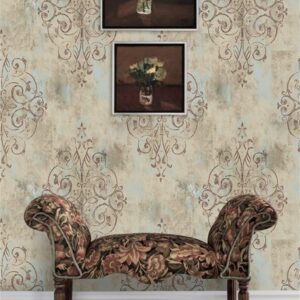 HAOKHOME 94005-3 Vintage French Damask Peel and Stick Wallpaper 17.7in x 9.8ft Deep Yellow/Mist Blue/Brown Vinyl Self Adhesive Wall Paper Design for Walls Bathroom Bedroom Home Decor