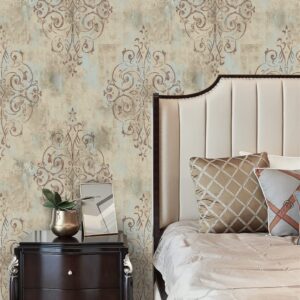 HAOKHOME 94005-3 Vintage French Damask Peel and Stick Wallpaper 17.7in x 9.8ft Deep Yellow/Mist Blue/Brown Vinyl Self Adhesive Wall Paper Design for Walls Bathroom Bedroom Home Decor