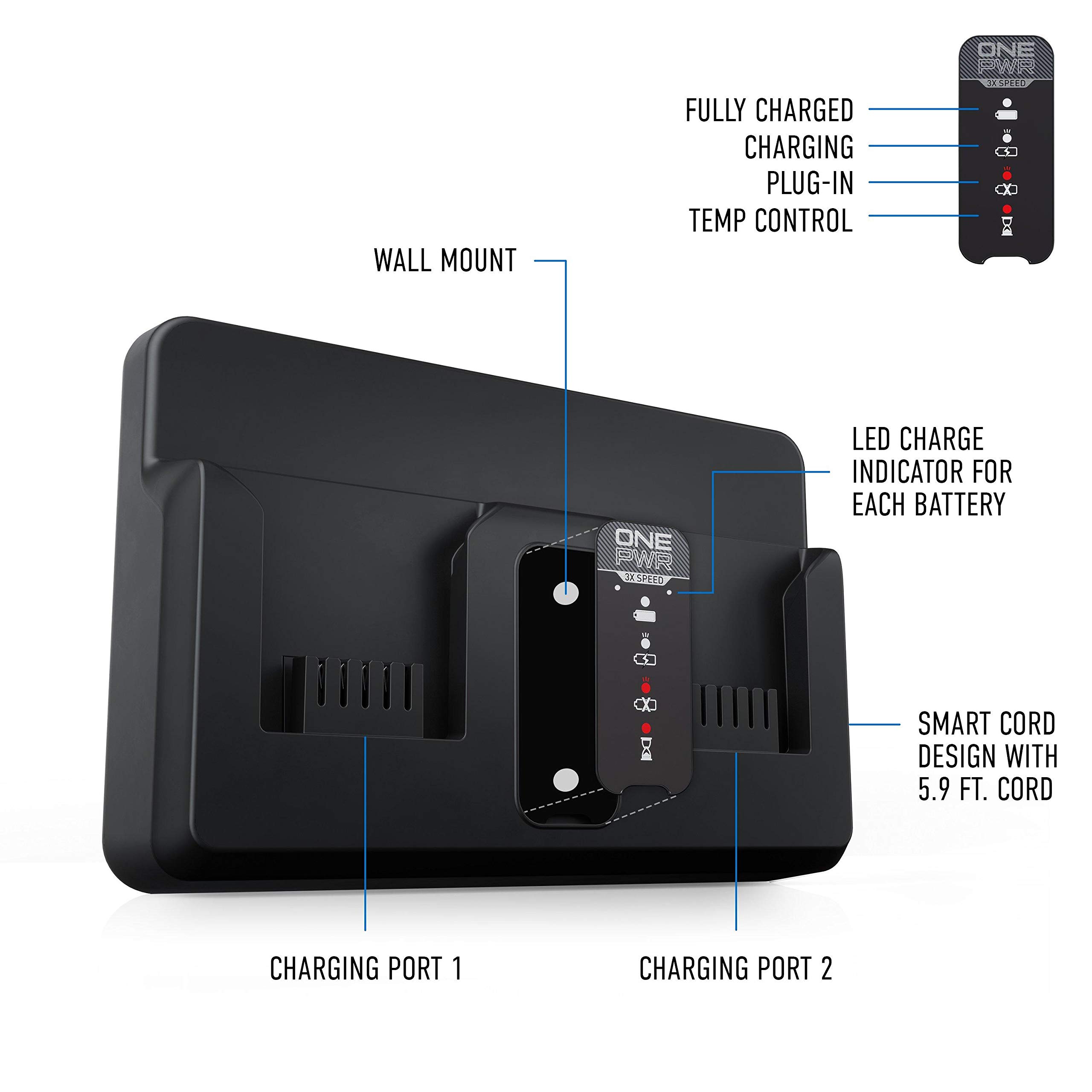 Hoover ONEPWR Dual Bay Charger, Compact 2 Battery Charging Hub, BH05200, Black