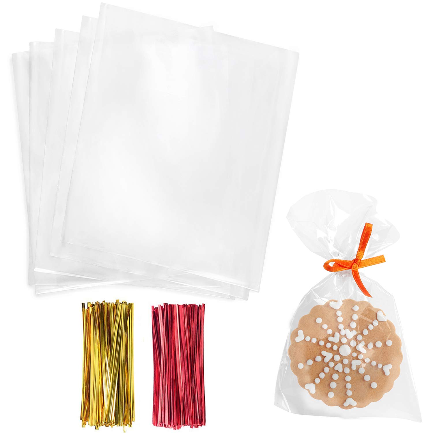 Morepack Cello Cellophane 4x6 Inches Cookie Bags 200 Pcs OPP Plastic Clear Treat Bags with 200 Twist Ties for Gift Wrapping,Packaging Candies,Dessert,Bakery,Chocolate,Party Favors