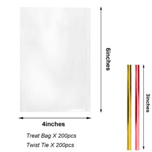 Morepack Cello Cellophane 4x6 Inches Cookie Bags 200 Pcs OPP Plastic Clear Treat Bags with 200 Twist Ties for Gift Wrapping,Packaging Candies,Dessert,Bakery,Chocolate,Party Favors