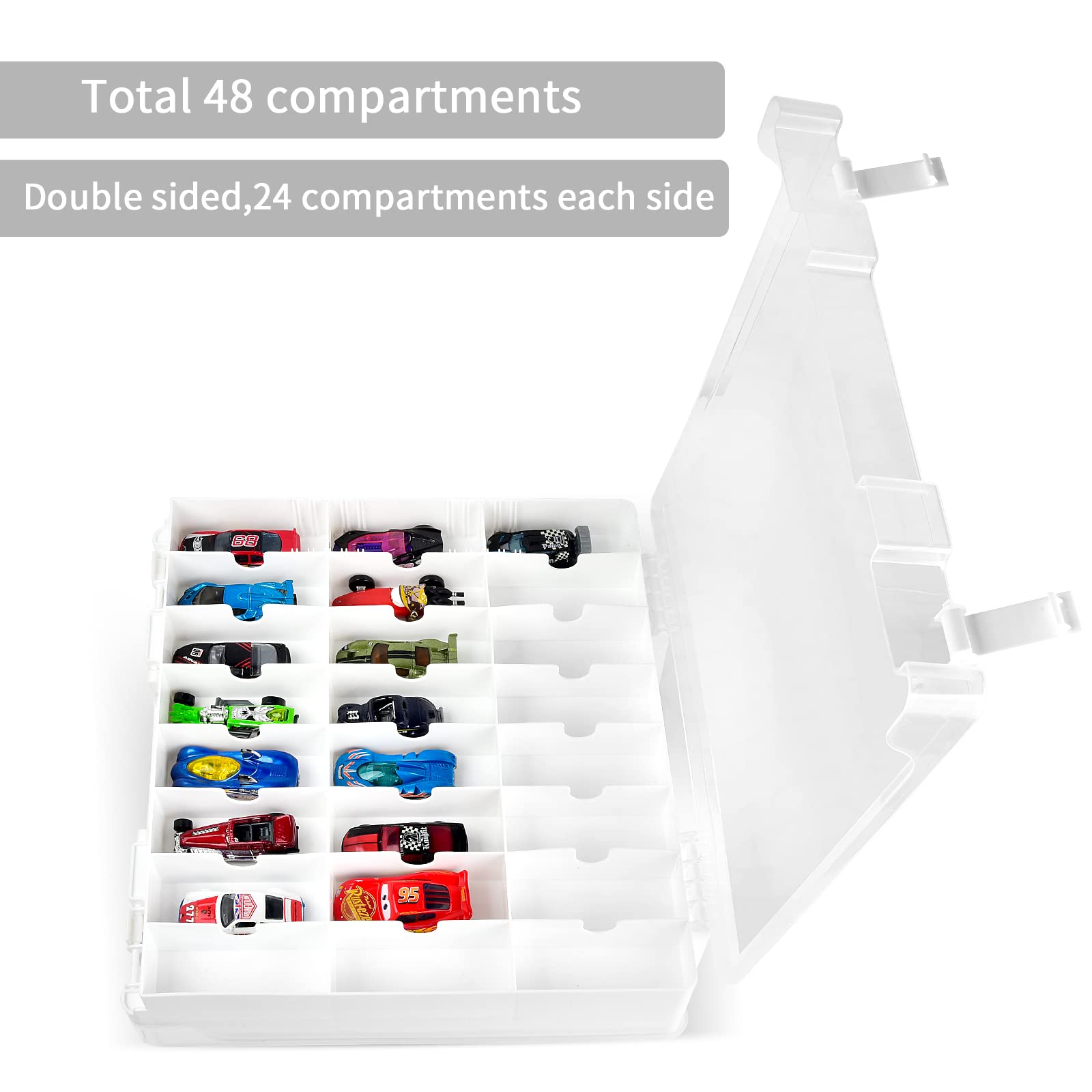 ALCYON Double Sided Toy Storage Organizer Case for Hot Wheels Car, for Matchbox Cars, for Mini Toys, for Small Dolls. Carrying Box Container Carrier with 48 Compartments - Upgrade (Box Only)