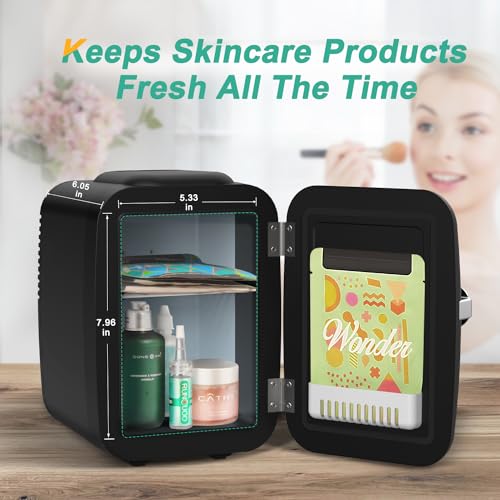 CROWNFUL Mini Fridge, 4 Liter/6 Can Portable Cooler and Warmer Personal Fridge for Skin Care, Cosmetics, Food,Great for Bedroom, Office, Car, Dorm, ETL Listed (Black)