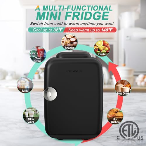 CROWNFUL Mini Fridge, 4 Liter/6 Can Portable Cooler and Warmer Personal Fridge for Skin Care, Cosmetics, Food,Great for Bedroom, Office, Car, Dorm, ETL Listed (Black)