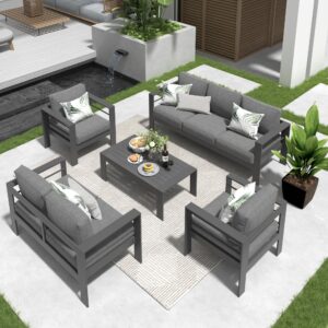 Solaste Aluminum Patio Furniture Set,5 Pieces Modern Outdoor Conversation Set Sectional Sofa with Upgrade Cushion and Coffee Table,Grey