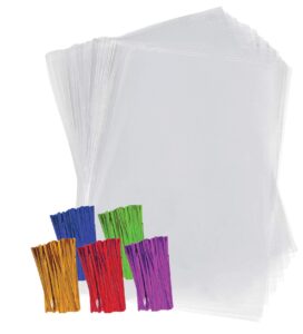 purple q crafts clear plastic cellophane bags with 4" colored twist ties for gifts party favors (9"x12" 50 pack)