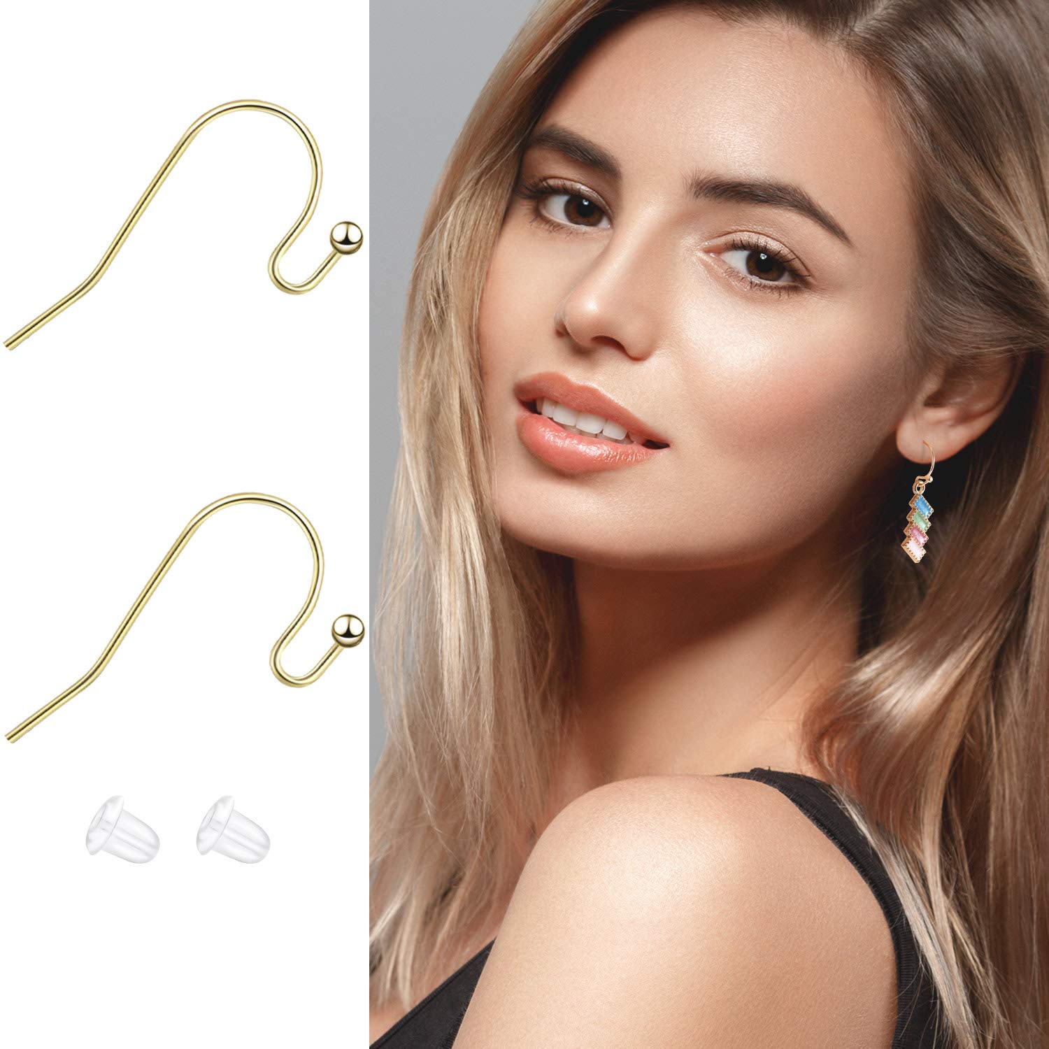 220 Pieces French Earring Hooks Ear Wire Ball Dots in Silver with 220 Pieces Clear Earring Backs Kit for Jewelry Making Bag Gift (Gold,Silver,Rose Gold,Bronze)