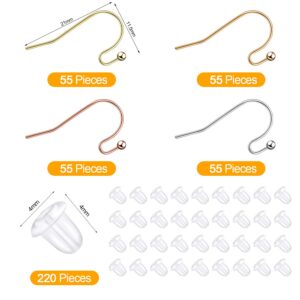 220 Pieces French Earring Hooks Ear Wire Ball Dots in Silver with 220 Pieces Clear Earring Backs Kit for Jewelry Making Bag Gift (Gold,Silver,Rose Gold,Bronze)