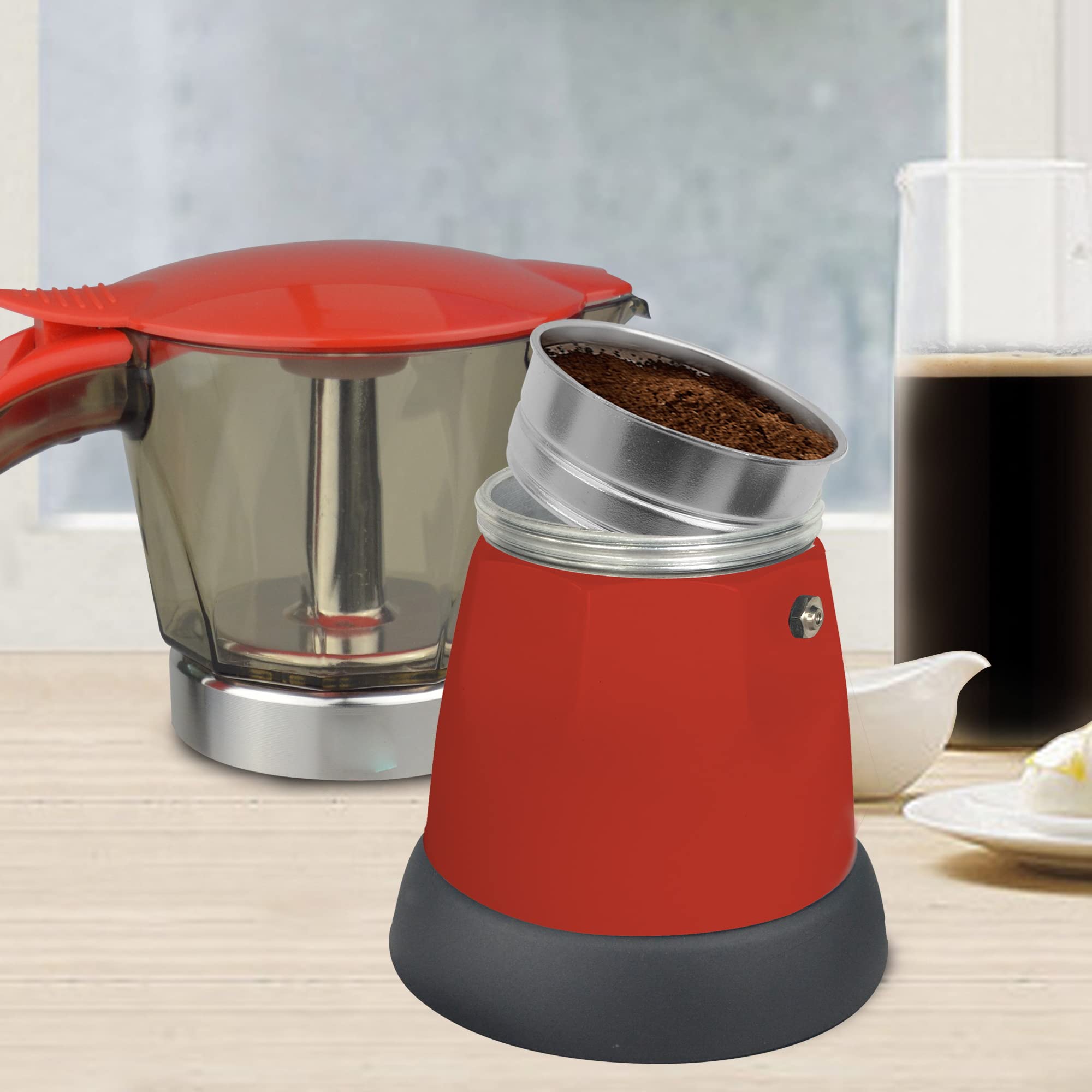 Bene Casa Red Portable Electric Espresso Maker 3 or 6 Cups/Cafetera Roja Portable Electrica Espresso de 3 o 6 Tasas