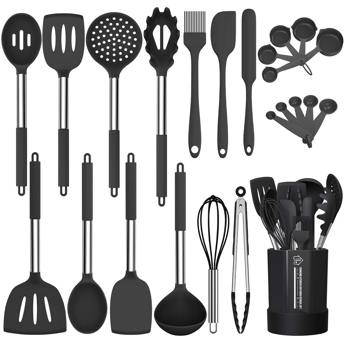 Silicone Cooking Utensil Set, Fungun Non-stick Kitchen Utensil 24 Pcs Cooking Utensils Set, Heat Resistant Cookware, Silicone Kitchen Tools Gift with Stainless Steel Handle (Black-24pcs)