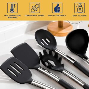 Silicone Cooking Utensil Set, Fungun Non-stick Kitchen Utensil 24 Pcs Cooking Utensils Set, Heat Resistant Cookware, Silicone Kitchen Tools Gift with Stainless Steel Handle (Black-24pcs)