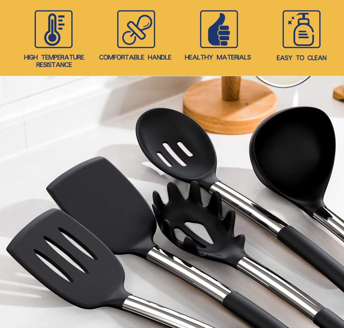 Silicone Cooking Utensil Set, Fungun Non-stick Kitchen Utensil 24 Pcs Cooking Utensils Set, Heat Resistant Cookware, Silicone Kitchen Tools Gift with Stainless Steel Handle (Black-24pcs)