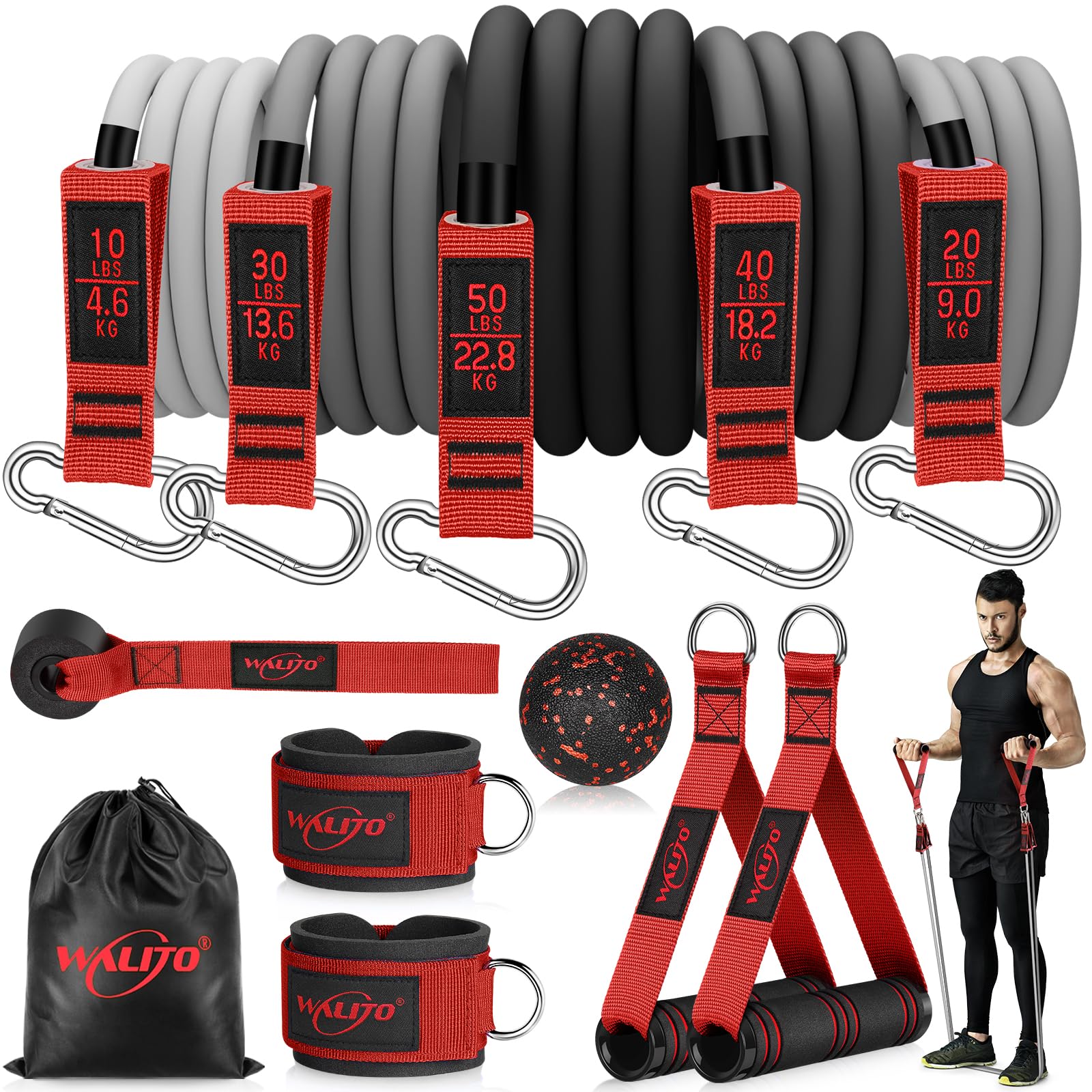 WALITO Resistance Bands Set - Exercise Bands with Handles, Door Anchor, Legs Ankle Straps, for Heavy Resistance Training, Physical Therapy, Muscle Training, Yoga, Home Workouts