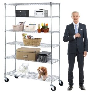 metal storage shelves 82"x48"x18" wire shelving unit w/wheels, 2100 lbs heavy duty industrial utility steel storage rack, 6 tier nsf ultradurable shelf organizer racks for garage kitchen storage