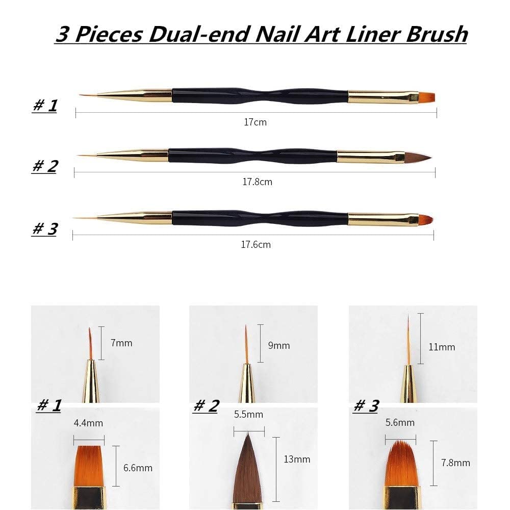 FULINJOY 3 Pcs Nail Drawing Pen, Dual End Nail Art Pen Brush Acrylic Round Flat Painting Drawing Liner Nail Tools