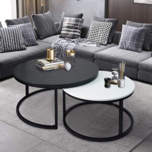 usinso round coffee tables,2 round nesting table set circle coffee table with storage open shelf for living room modern minimalist style furniture side end table of stable(black & white)