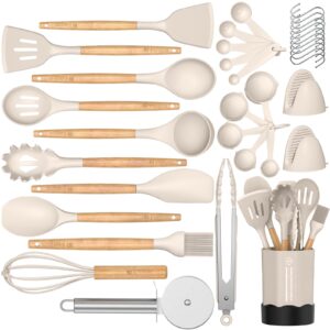 kitchen cooking utensil set, fungun 35 pcs cooking utensils - nonstick kitchen utensils cookware set spatula set -kitchen gadgets utensils set, kitchen tools gift-khaki