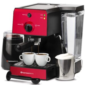 espressoworks all-in-one espresso machine with milk frother 7-piece set - cappuccino maker includes grinder, frothing pitcher, cups, spoon and tamper - coffee gifts (red)