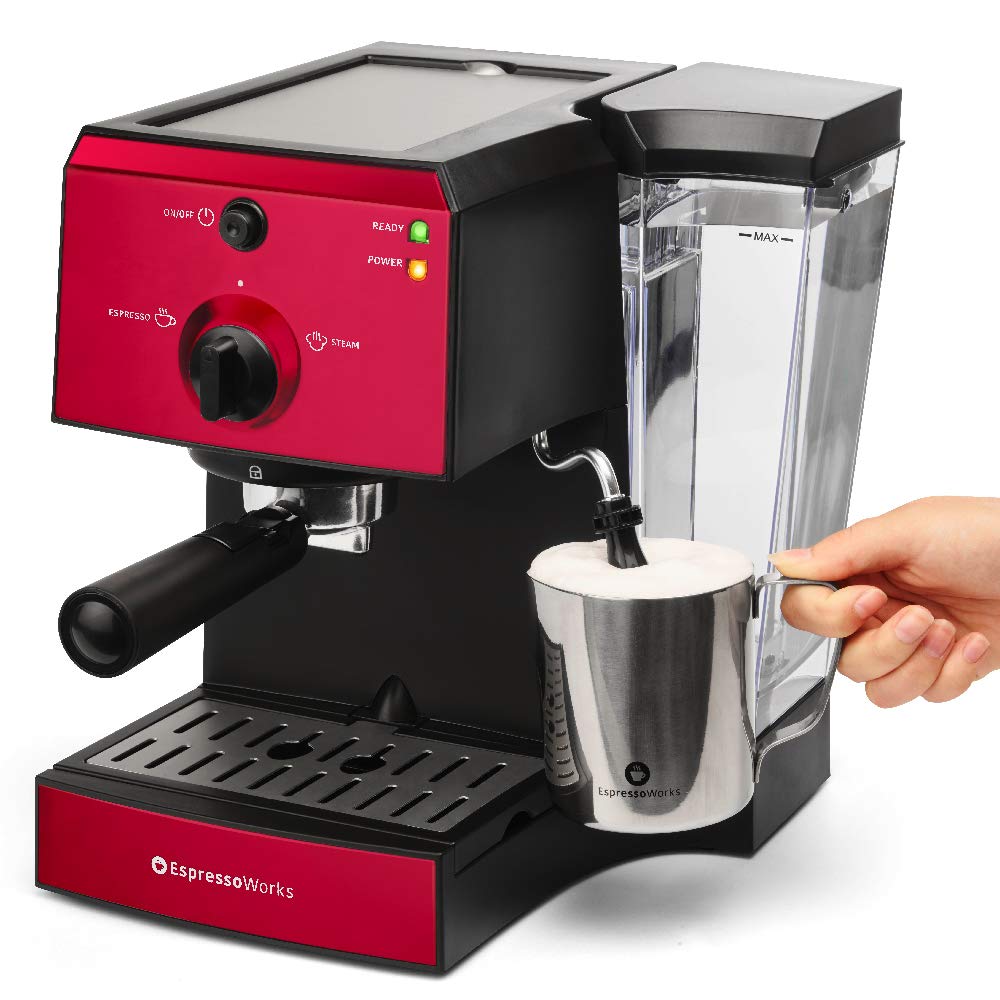 EspressoWorks All-In-One Espresso Machine with Milk Frother 7-Piece Set - Cappuccino Maker Includes Grinder, Frothing Pitcher, Cups, Spoon and Tamper - Coffee Gifts (Red)