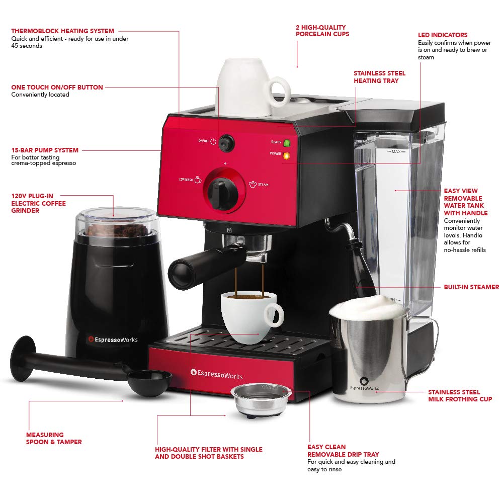 EspressoWorks All-In-One Espresso Machine with Milk Frother 7-Piece Set - Cappuccino Maker Includes Grinder, Frothing Pitcher, Cups, Spoon and Tamper - Coffee Gifts (Red)