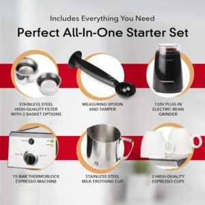 EspressoWorks All-In-One Espresso Machine with Milk Frother 7-Piece Set - Cappuccino Maker Includes Grinder, Frothing Pitcher, Cups, Spoon and Tamper - Coffee Gifts (Red)