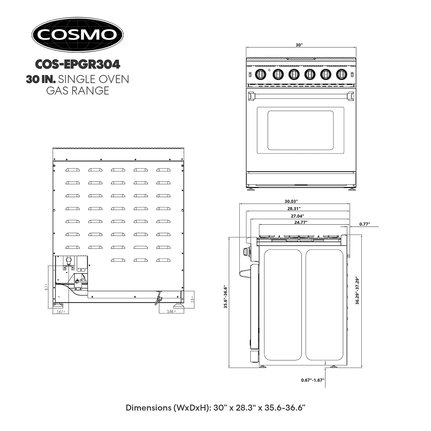 COSMO COS-EPGR304 Slide-in Freestanding Gas Range with 5 Sealed Burners, Cast Iron Grates, 4.5 cu. ft. Capacity Convection Oven, 30 inch, Stainless Steel