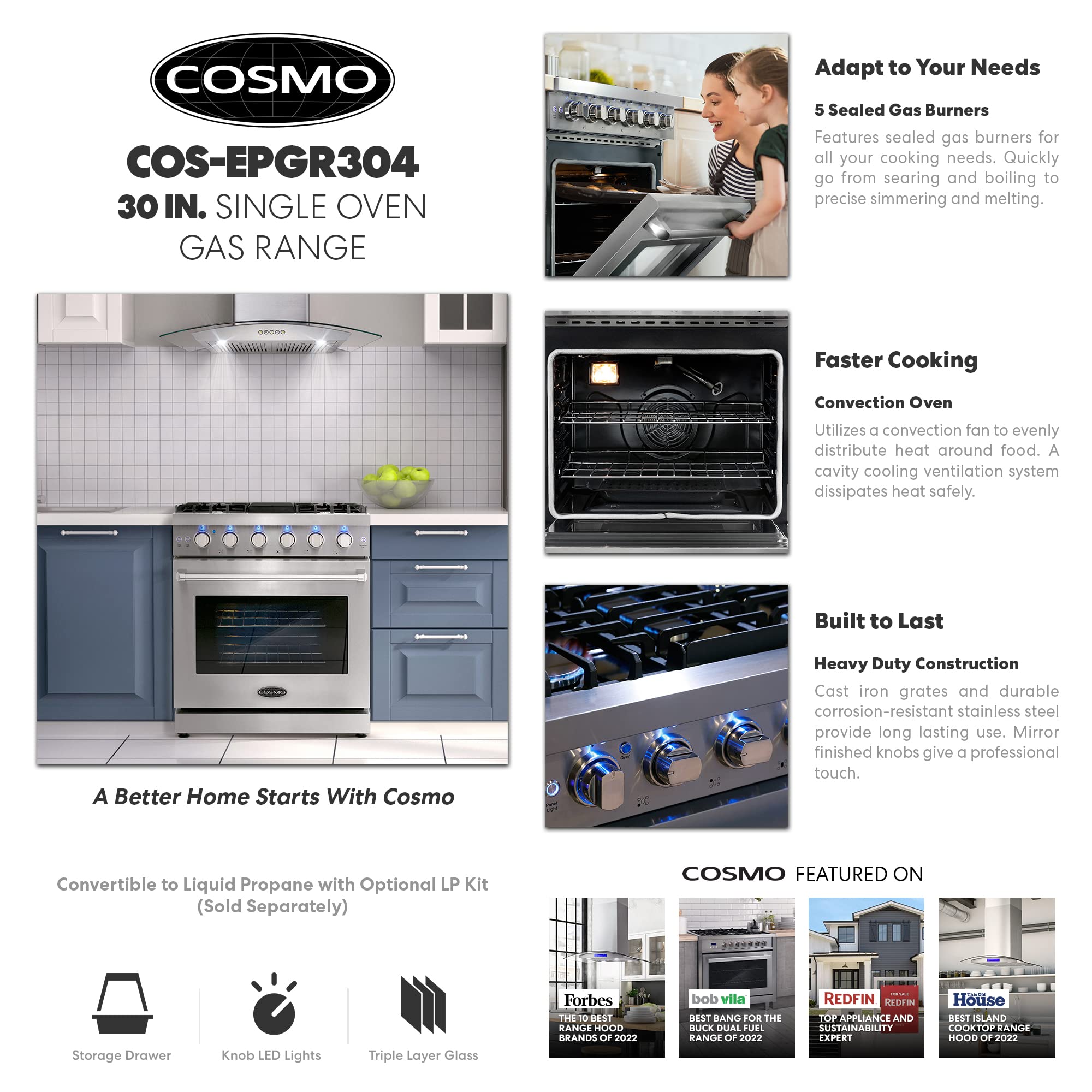 COSMO COS-EPGR304 Slide-in Freestanding Gas Range with 5 Sealed Burners, Cast Iron Grates, 4.5 cu. ft. Capacity Convection Oven, 30 inch, Stainless Steel