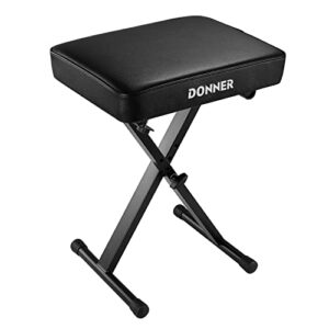 donner piano bench, adjustable keyboard bench portable stool collapsible chair foldable seat x-style, 2.4 inch thickness high-density sponge padded, non-skid design, black