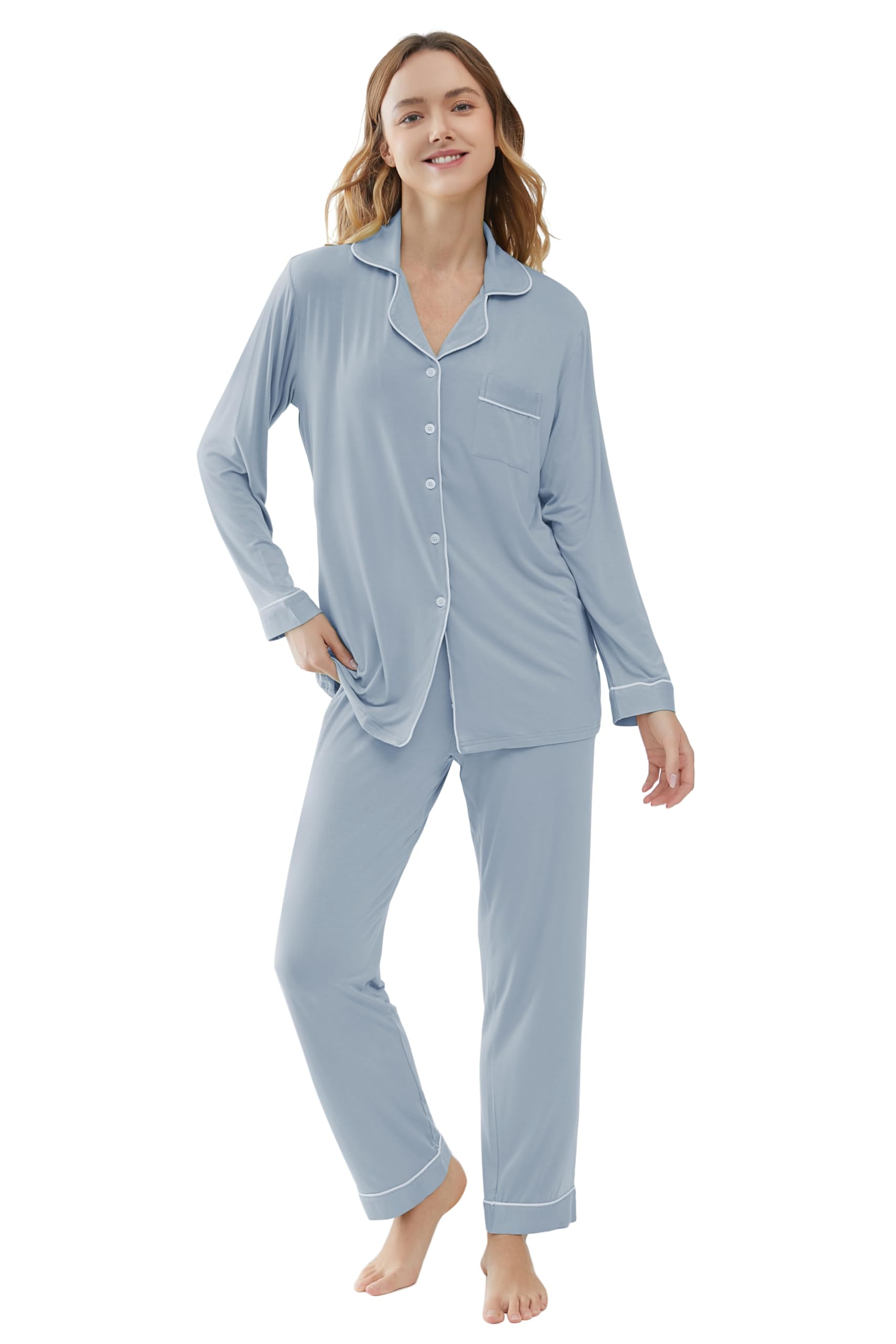 Joyaria Ladies Winter Button Down/Up Pajama/Pj Set Long Sleeve Long Pants(Dusty Blue, Medium)