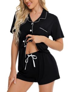 swomog womens button down pajamas set short sleeve sleepwear bride soft pj lounge sets xs-3xl black xx-large