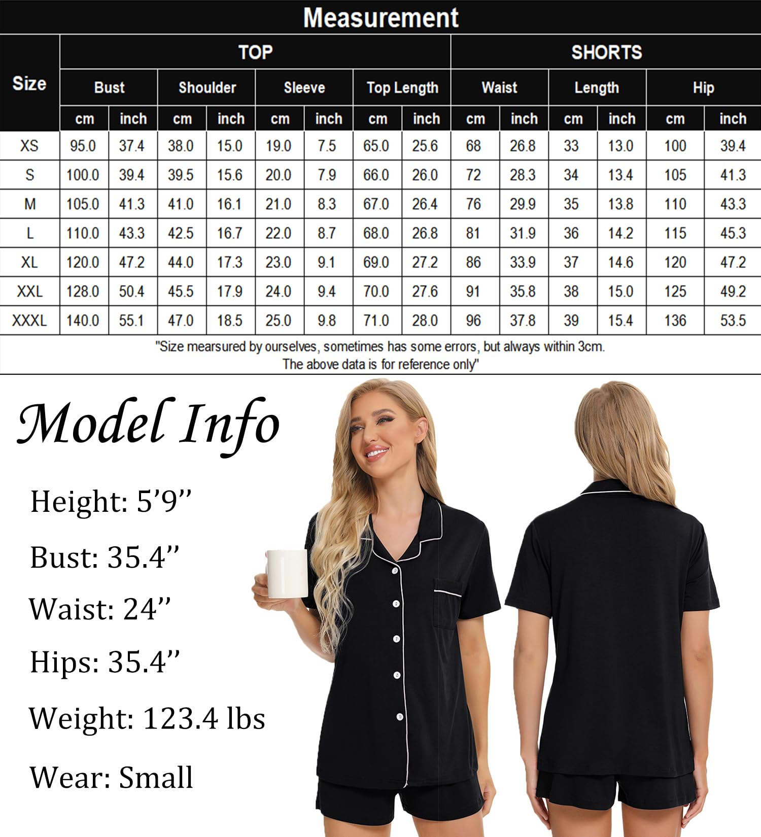 SWOMOG Womens Button Down Pajamas Set Short Sleeve Sleepwear Bride Soft Pj Lounge Sets XS-3XL Black XX-Large