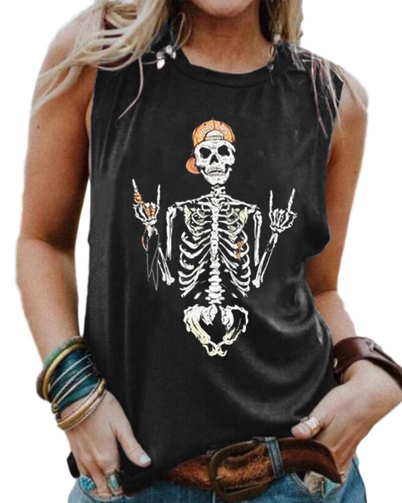 BRUBOBO Womens Funny Skull Graphic Tank Tops Summer High Neck Sleeveless Workout Tee Shirts (Large,Black)