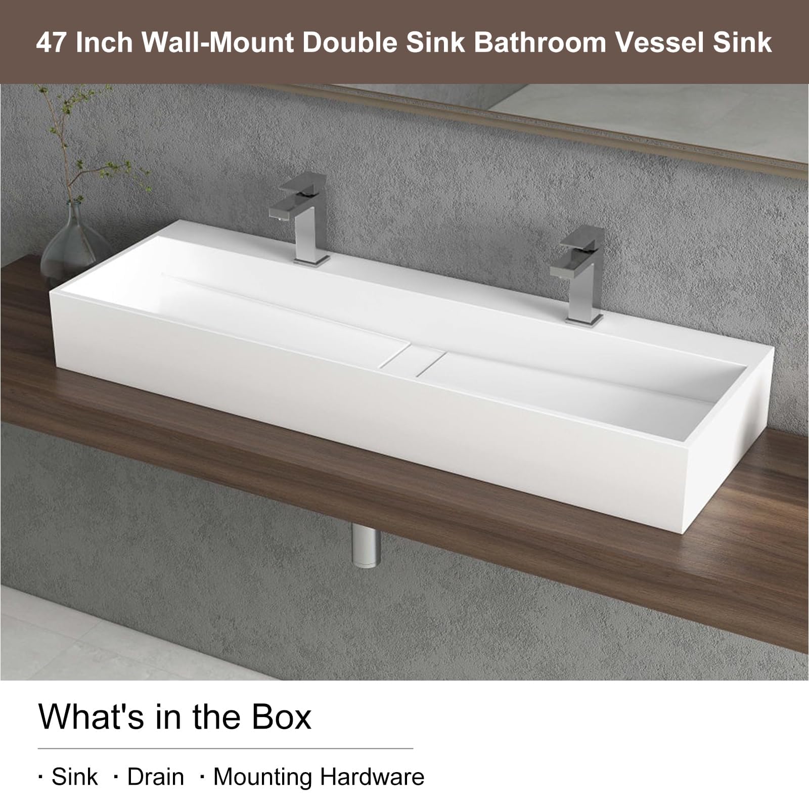 Weibath 47'' Bathroom Vessel Sink Double-Bowl Bathroom Sink Wall Mounted Trough Floating Sink in Matte White