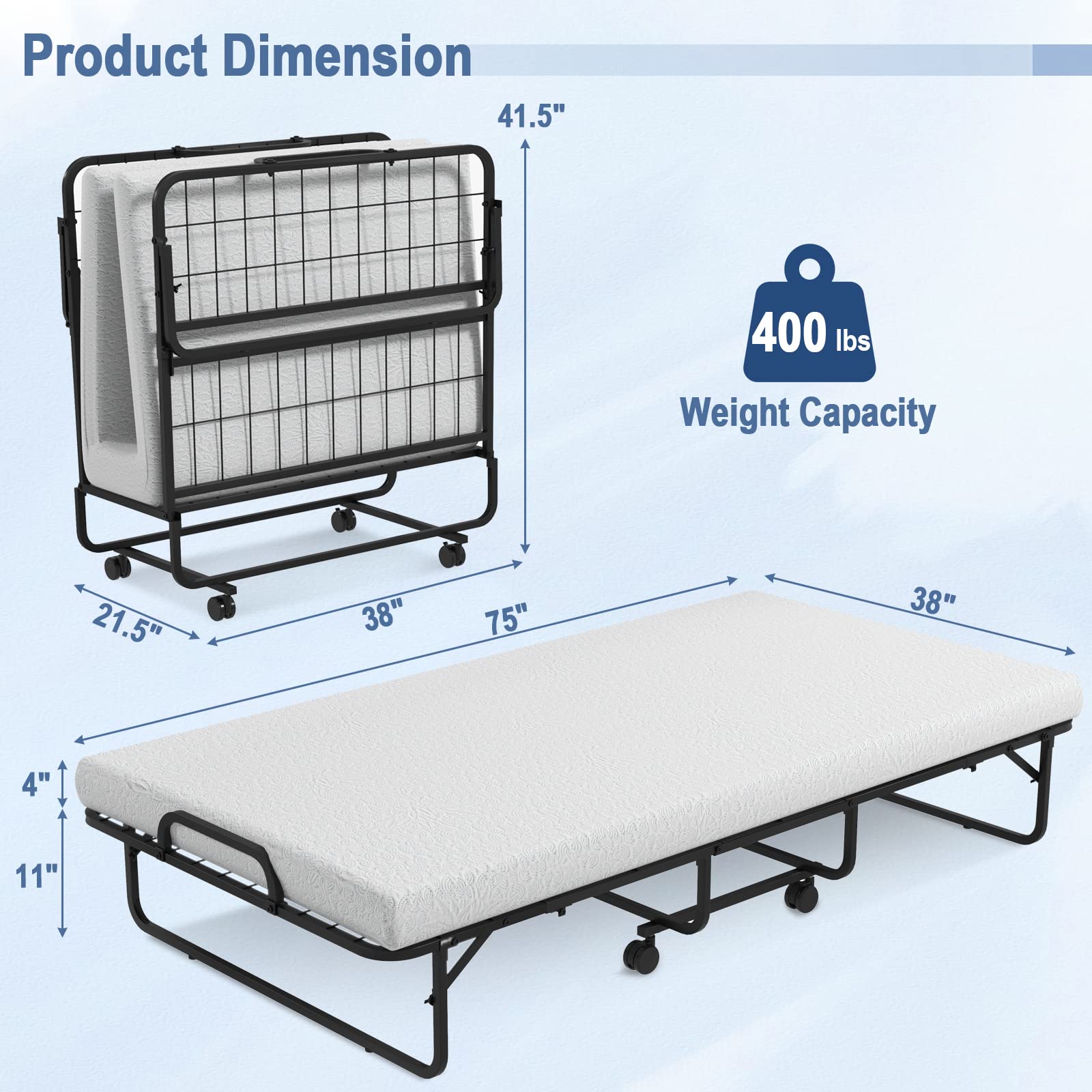 Giantex Folding Bed with 4" Mattress for Adults, Twin Size Rollaway Guest Beds w/Sturdy Metal Frame & Memory Foam Mattress, Easy Storage, Portable Bed on Wheels for Office Room Living Room