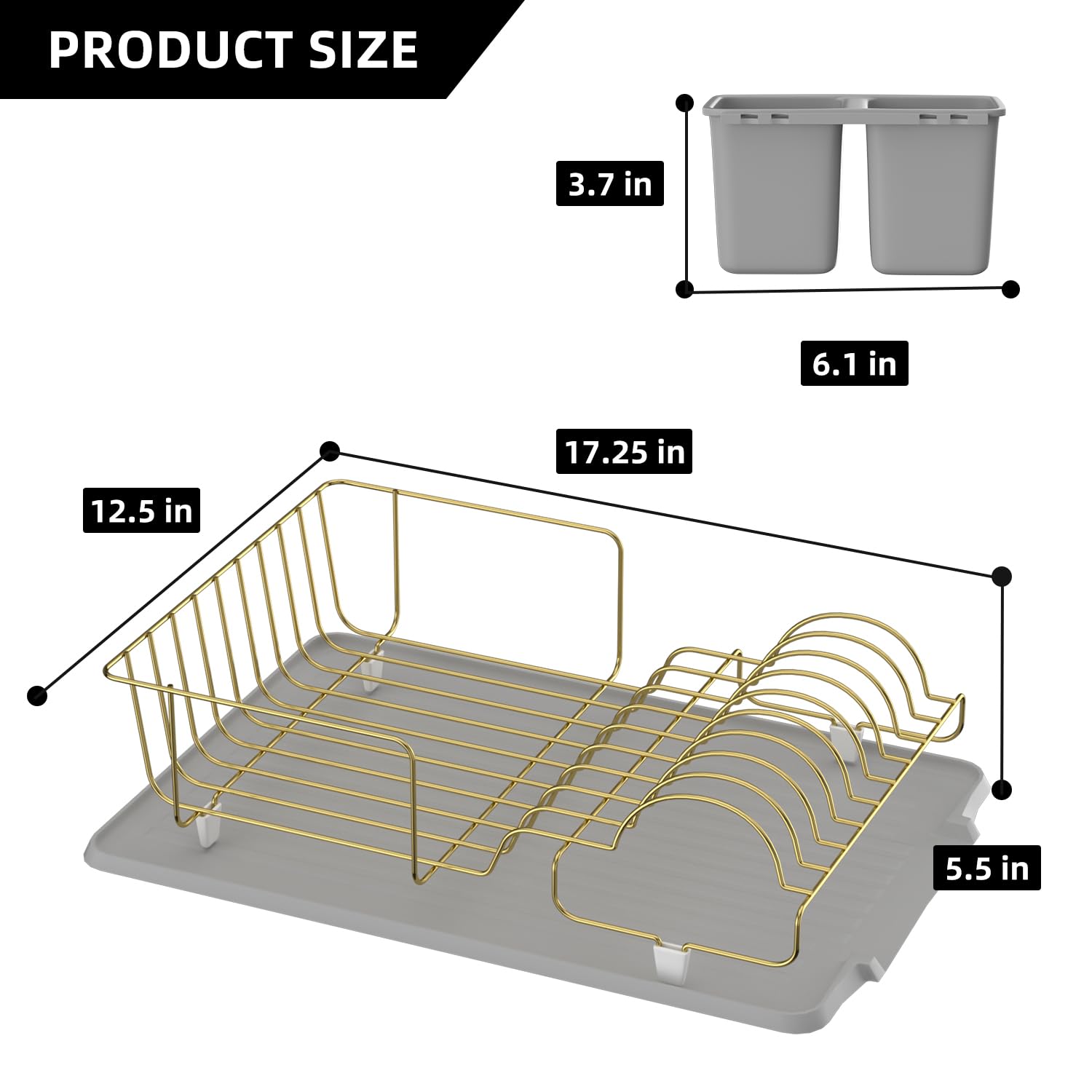 Buruis Dish Drying Rack, Gold Dish Drainer with Anti-Slip Rubber Feet Organizer includes Removable Drain Board and Utensil Holder, Large Capacity Stainless Steel Dish Racks for Kitchen (Gray)