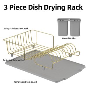 Buruis Dish Drying Rack, Gold Dish Drainer with Anti-Slip Rubber Feet Organizer includes Removable Drain Board and Utensil Holder, Large Capacity Stainless Steel Dish Racks for Kitchen (Gray)