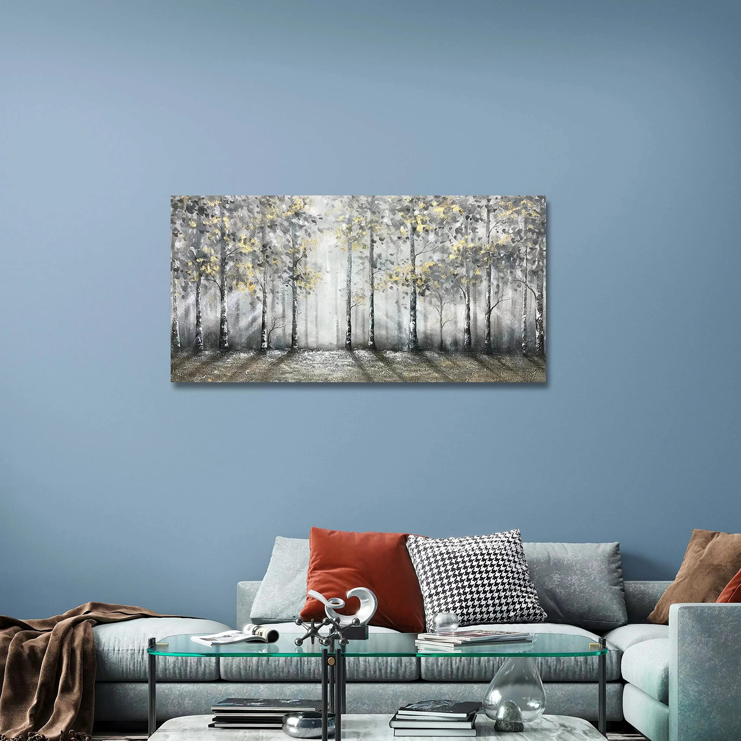 V-inspire art, 24x48 Inch Modern Impressionist Tree art 100% Hand Painted Canvas Wall art Oil Painting Large Paintings Gray Wall Decoration Acrylic Paint Knife Painting