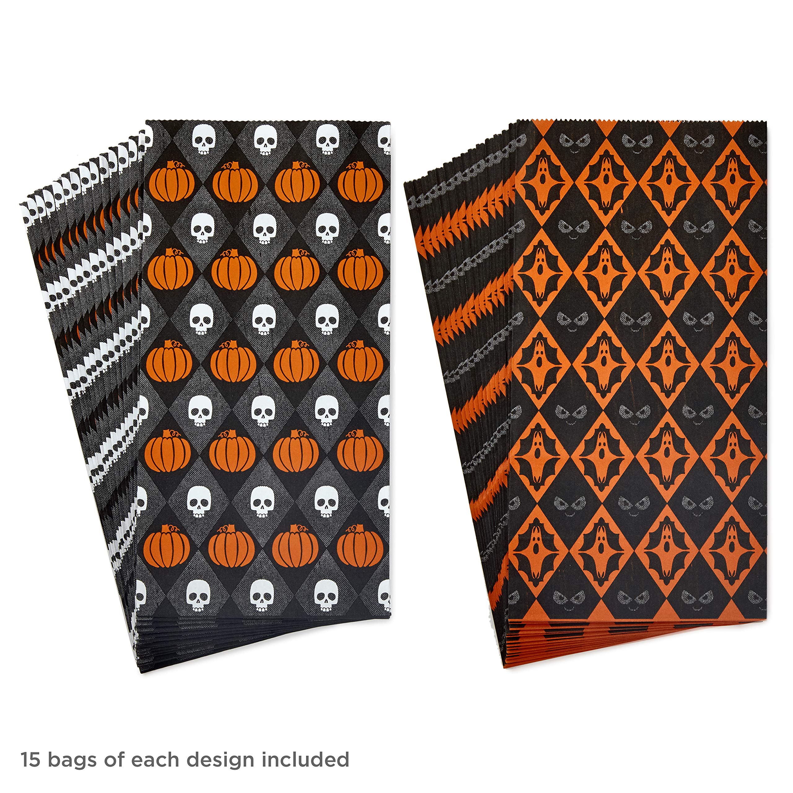 Hallmark Halloween Party Favor and Wrapped Treat Bags (30 Ct, Skulls, Pumpkins, Ghosts) Bundle, Black, Orange, White