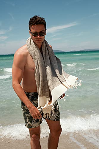 SMYRNA TURKISH COTTON Vintage Series Turkish Beach Towel Oversized, 37x71 inch, Extra Large Quick Dry Sand Free Beach Blanket, Lightweight Cotton Pool, Spa, Travel, Gym, Adult Bath Towel, Latte