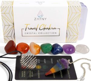 zatny travel chakra crystals and healing stones collection - 7 chakra set tumbled stones, chakra pendulum, interchangeable cage necklace, reference card, portable case, ebook