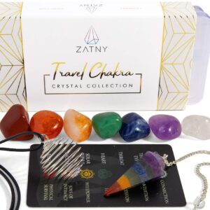 ZATNY Travel Chakra Crystals and Healing Stones Collection - 7 Chakra Set Tumbled Stones, Chakra Pendulum, Interchangeable Cage Necklace, Reference Card, Portable Case, Ebook