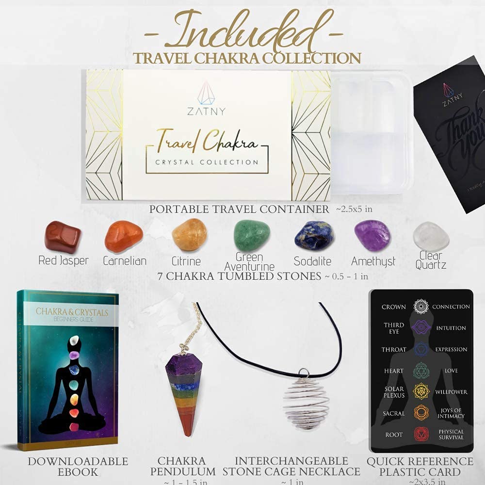 ZATNY Travel Chakra Crystals and Healing Stones Collection - 7 Chakra Set Tumbled Stones, Chakra Pendulum, Interchangeable Cage Necklace, Reference Card, Portable Case, Ebook