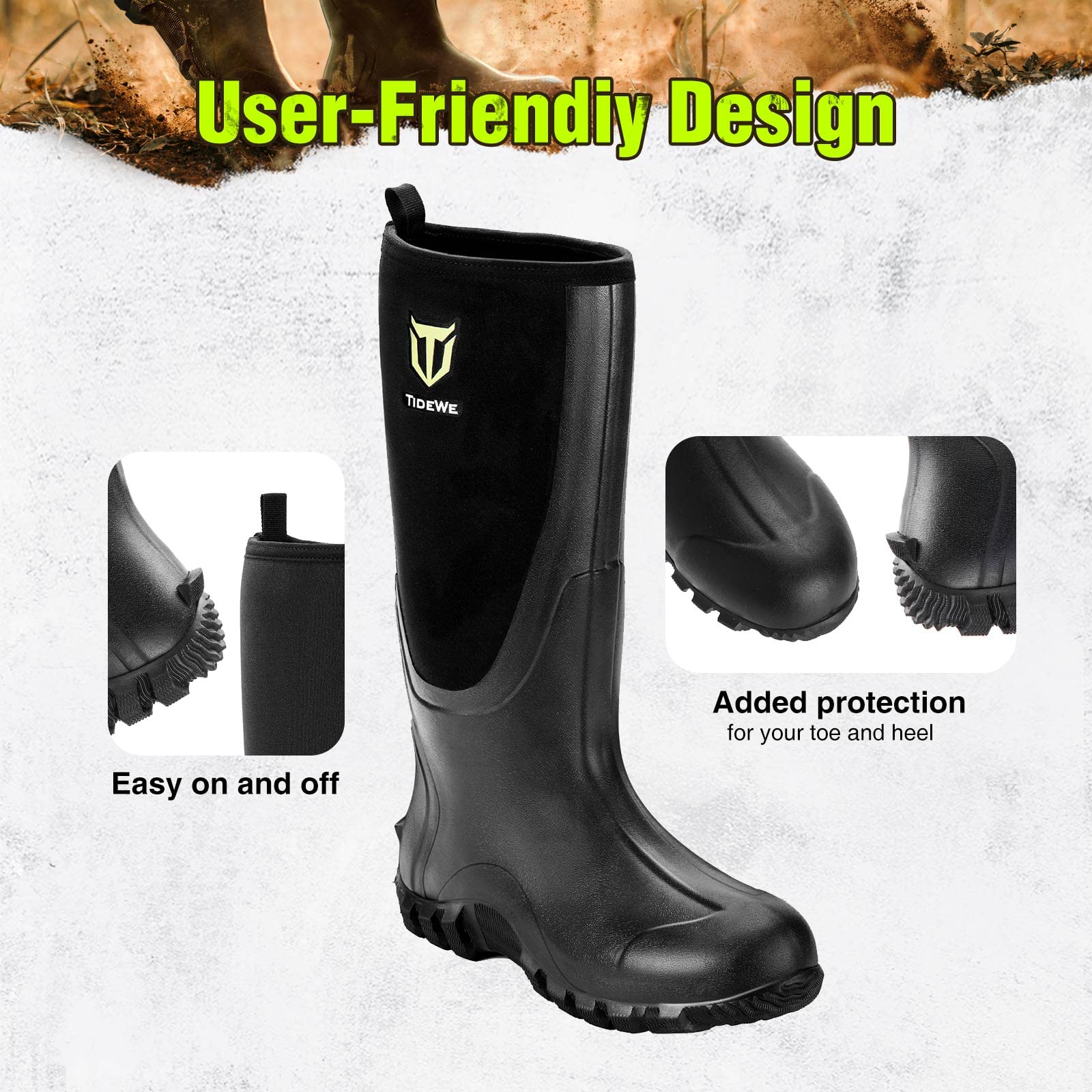 TIDEWE Rubber Boots for Men Multi-Season, Waterproof Rain Boots with Steel Shank, 6mm Neoprene Sturdy Rubber Outdoor Hunting Boots Size 11 (Black)