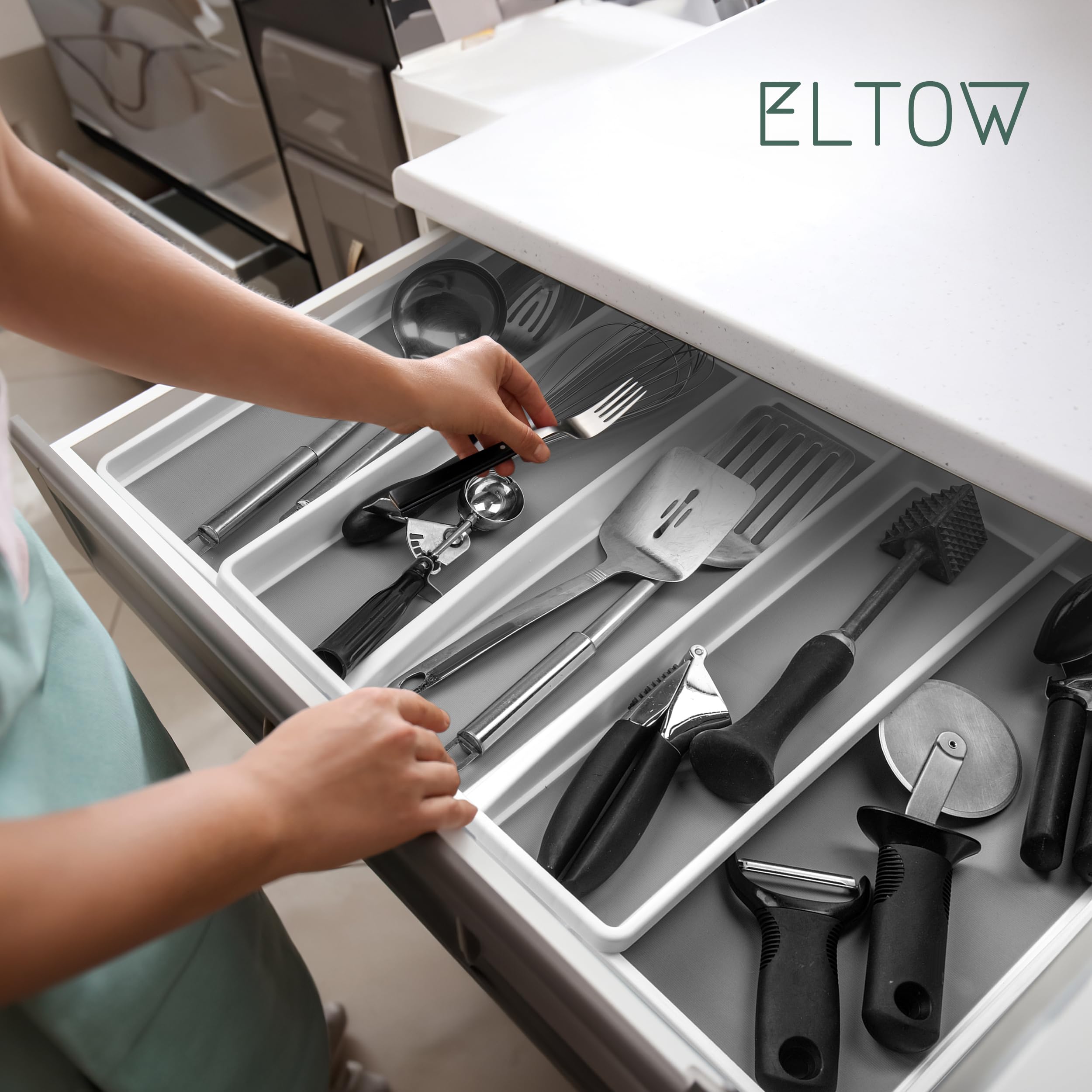 ELTOW Expandable Utensil Drawer Organizer, 5 Compartment Non-Slip & Adjustable Large Utensil Organizer for Kitchen Drawers, Kitchen Organization for Utensils, Flatware Storage Tray (White)