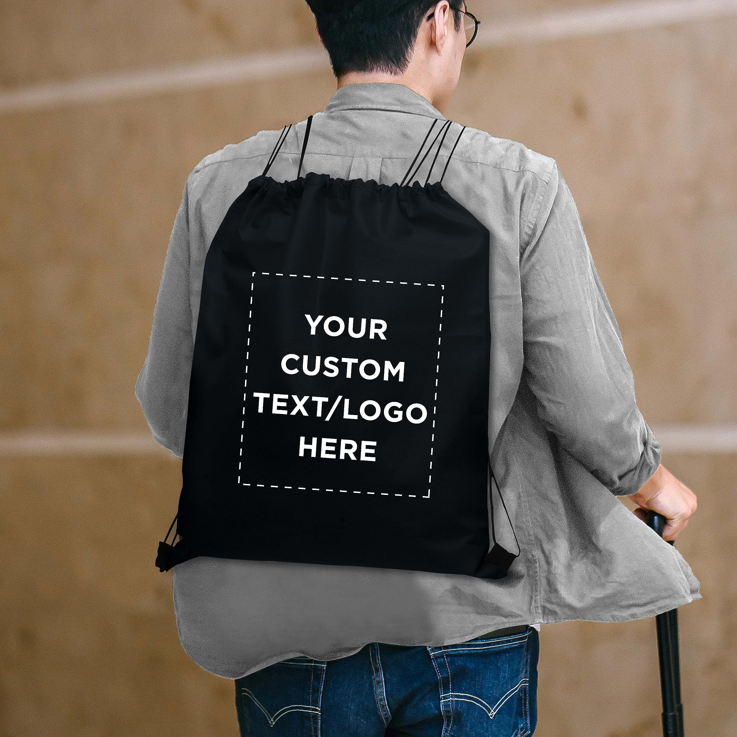 DISCOUNT PROMOS Custom Non-Woven Drawstring Backpacks Set of 10, Personalized Bulk Pack - Bring Everywhere You Go, Great for Travelling, Gym and for Everyday Use - Black