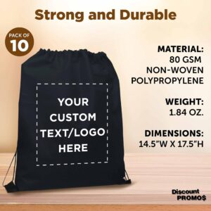 DISCOUNT PROMOS Custom Non-Woven Drawstring Backpacks Set of 10, Personalized Bulk Pack - Bring Everywhere You Go, Great for Travelling, Gym and for Everyday Use - Black