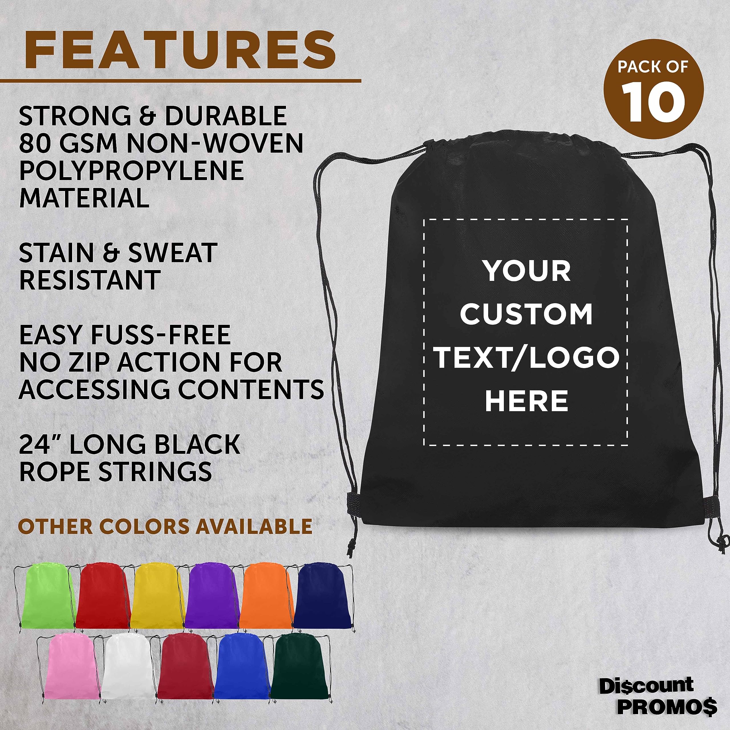 DISCOUNT PROMOS Custom Non-Woven Drawstring Backpacks Set of 10, Personalized Bulk Pack - Bring Everywhere You Go, Great for Travelling, Gym and for Everyday Use - Black